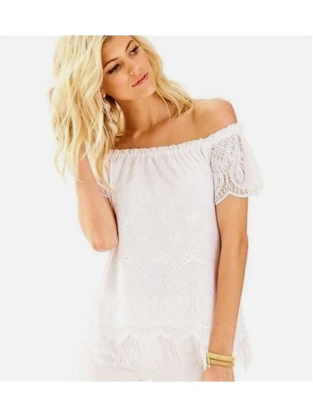 Lilly Pulitzer Off-Shoulder Beach Bliss Fringe Marble Lace Top Size Small White